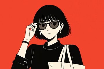 サングラスをかけたおしゃれな女性、赤い背景