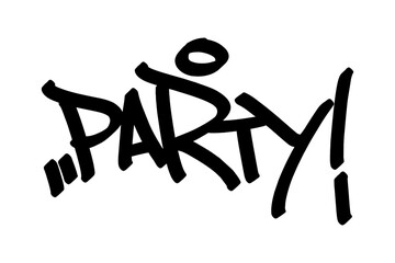 A dynamic graffiti art piece boldly announces the word "Party!", exuding an energetic vibe through its stylized lettering and expressive brushstrokes. 