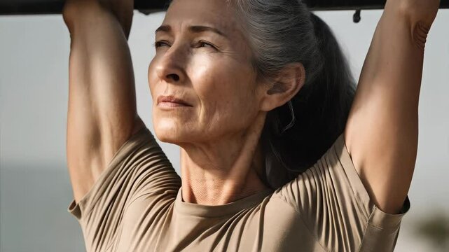 Determined mature woman with gray hair doing pull-ups for strength, health, and fitness, outdoors during the day