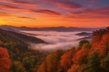 Selbstklebende Fototapeten 秋の山々と雲海と夕焼けの風景 © AnilaStudio