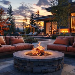 cozy outdoor fire pit with cushioned seating, twilight glow, realistic style, warm orange and brown tones, wide-angle composition with fire pit in foreground