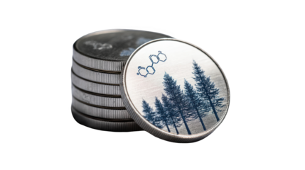 Stack of shiny silver coins featuring a forest and a chemical formula, isolated on a transparent background, representing the concept of sustainable investment and environmental conservation
