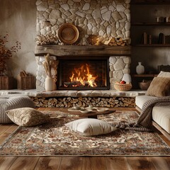 cozy living room with stone fireplace and wool rugs, warm firelight, realistic style, earthy brown and beige tones, centered composition with negative space at bottom