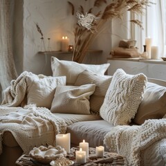 cozy living room with plush sofa and knitted throws, warm candlelight, realistic style, earthy brown and cream tones, centered composition with negative space at bottom
