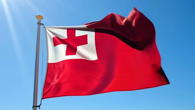 Tongan Flag Waving in Sunlight Against a Bright Blue Sky Cinematic Video