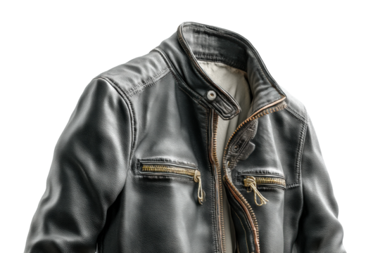 PNG Black leather jacket with zippered pockets and inner lining design