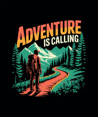 Adventure is Calling Hiker on Mountain Trail Graphic