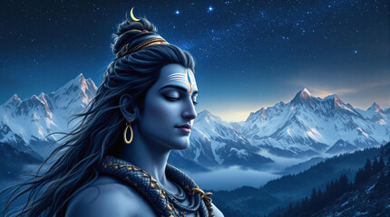 A serene and powerful digital portrait of Lord Shiva, depicted in a calm and meditative state against a majestic Himalayan mountain backdrop under a starry night sky. His skin is ash-grey,