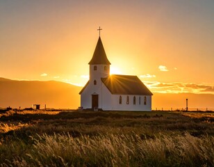 Church at sunset over golden field