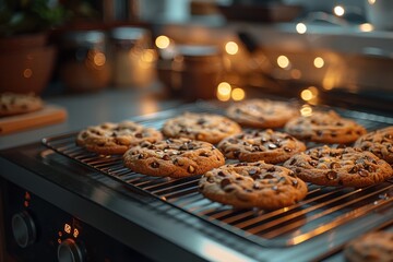 cozy kitchen scene with chocolate chip cookies on cooling rack, warm lighting, realistic style, soft evening light, earthy brown and beige tones, angled composition with negative space at sides
