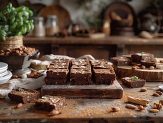 cozy indoor scene with wooden tray of brownies, rustic kitchen, realistic style, warm evening light, earthy brown and beige tones, angled composition with negative space at bottom