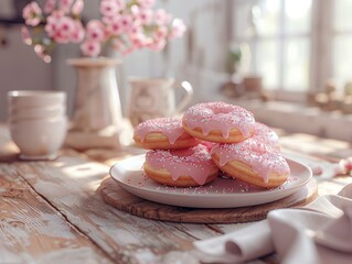 cozy indoor scene with wooden table and fresh donuts, rustic kitchen, realistic style, warm morning light, earthy beige and pink tones, angled composition with negative space at sides