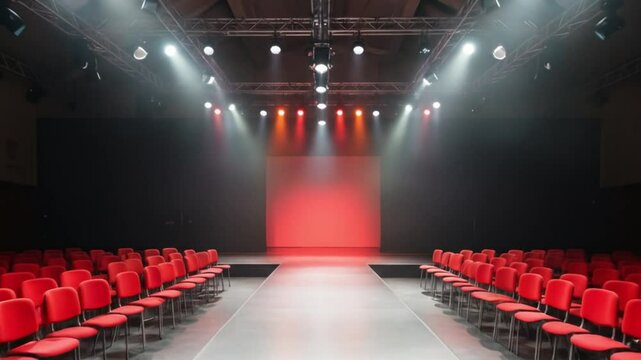 Empty fashion show runway with red chairs and stage lighting ready for the event to begin soon