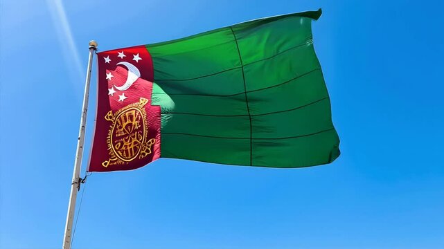 Turkmenistan Flag Waving Proudly Against a Clear Blue Sky Backdrop in a Sunny Day