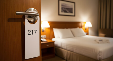 Hotel Room Door with Number Tag and Cozy Bed in Background inviting guests to a relaxing stay.