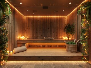 cozy home spa with wooden sauna and candles, soft ambient lighting, realistic style, warm brown and beige tones, angled composition with negative space at top
