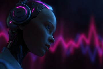 Digital Music Fusion: An AI's close-up profile immersed in a world of digital waves and glowing neon light, representing future innovation
