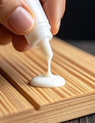Close-up of wood glue application on wooden planks for diy projects