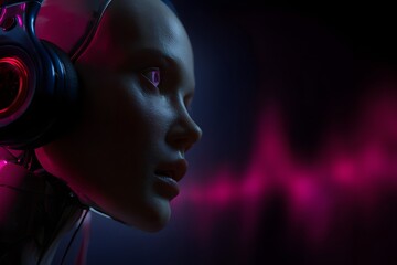 Cybernetic Serenade: A futuristic humanoid figure is immersed in the rhythmic embrace of music. bathed in ambient illumination. It is a photorealistic representation of an advanced concept.