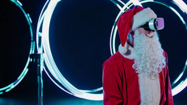 Santa claus exploring virtual reality in futuristic setting