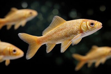 Golden fish swimming gracefully in a dark aquatic environment, showcasing vibrant colors and intricate details, creating a serene underwater scene with a sense of tranquility and beauty