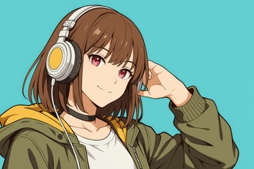ヘッドホンで音楽を聴くアニメスタイルの若い女性、明るい背景