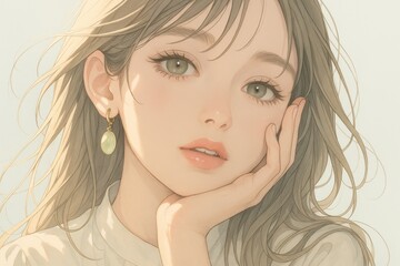 美しい女性のポートレートイラスト、夢見るような表情