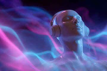 Cyberpunk serenity: A serene android figure, adorned in headphones, is immersed in a symphony of vibrant, swirling neon lights. The scene evokes a futuristic, tranquil atmosphere.