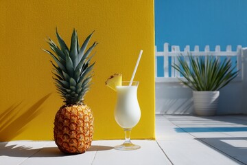 A glass of pina colada with a straw in it sits next to a pineapple