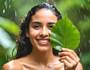 Woman smiles with rain and leaf