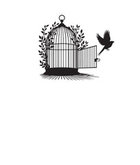 Silhouette of Open Cage with Bird Flying Away, no shadow , isolated on a white background