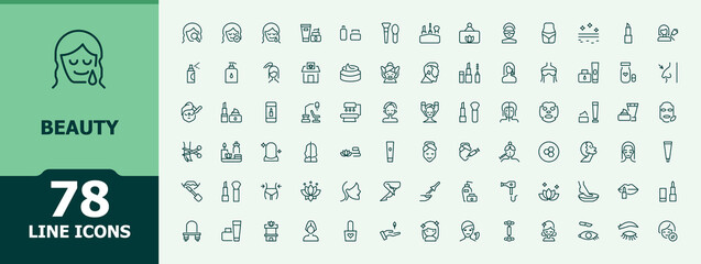 Beauty modern icon set. Included glamour, spa, skin, care, makeup, cosmetic, beauty care and more. Makeup related icon set. Minimalist editable stroke. Vector illustration.