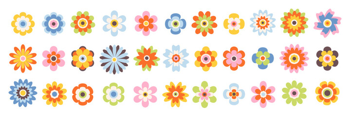 Set of groovy simple flowers. Abstract colorful flowers. Floral geometric design. Vector illustration in flat style