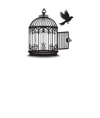 Silhouette of Open Cage with Bird Flying Away, no shadow , isolated on a white background