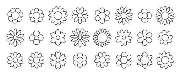 Set of groovy simple line flowers. Abstract minimalistic flowers. Floral geometric design. Vector illustration in flat style