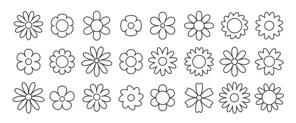 Set of groovy simple line flowers. Abstract minimalistic flowers. Floral geometric design. Vector illustration in flat style