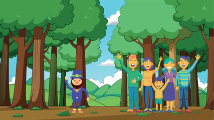 family in the woods,  vector graphics, universal banner, happy family, forest, health, positive