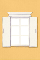Wooden window, window frame, yellow wall, vintage, hand drawn illustration PNG on transparent window frame
