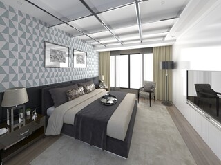 Mock up of an ideal bedroom with a fashionable comfortable bed and a stylish decorative background, 3D rendering.