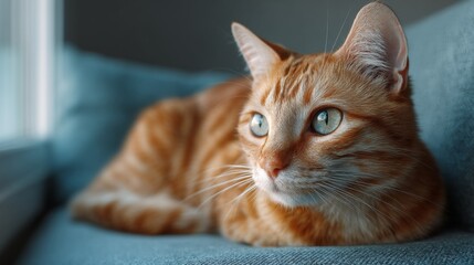 A relaxed tabby cat sleeping comfortably on a couch.