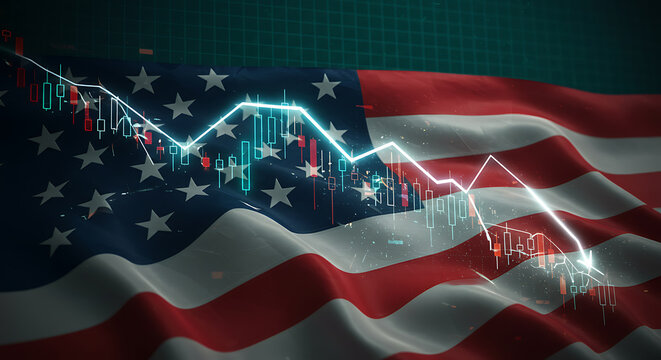 A glowing white line graph sharply declines over a waving American flag, symbolizing economic recession and market instability in the United States.