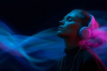 Immersed in Sound:  A person lost in the sound waves, adorned with headphones and bathed in vibrant, dynamic lights. This image evokes a sense of escape. 
