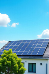 Fototapeta premium Solar panels on roof, blue sky and green tree in foreground.