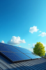 Fototapeta premium Solar panels on roof, blue sky and green tree in foreground.