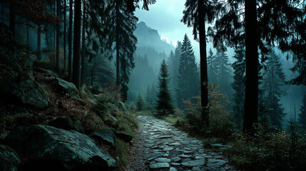 A dark forest path shrouded in mist, where mystery lingers in the soft light.