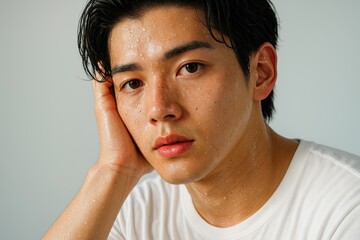 汗ばむ肌の若い男性のポートレート、白背景