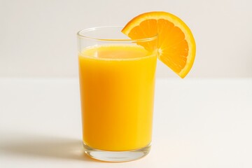Glass of orange juice with orange slice on white background