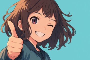 笑顔で親指を立ててウインクするアニメ風の女性、水色の背景