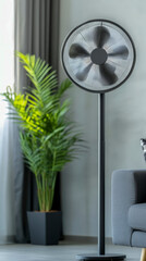 Modern standing air circulation fan in bright living room interior design inspiration for home decor lifestyle blogs and wellness product marketing campaigns