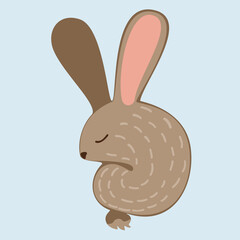 Flat vector of a brown bunny sleeping in a curled position with eyes closed. Soft pastel tones. Ideal for nursery decor, kids’ prints, or calm animal-themed designs.